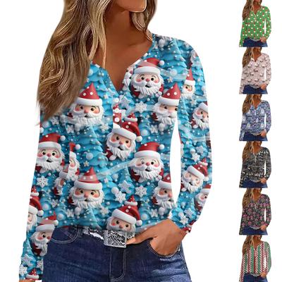 Damen T-Shirt mit V-Ausschnitt und Weihnachtsmotiv, lässig, langärmelig, Knopfleiste
