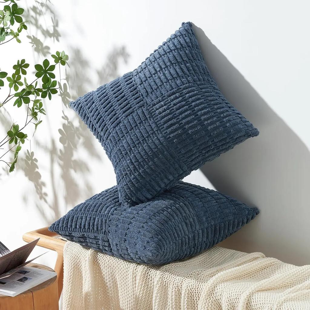 Blue Throw Pillow Covers 18x18 Inch Soft Corduroy Pillow Cover Boho Textured Striped Patchwork Cushion Case for Couch Sofa Bed