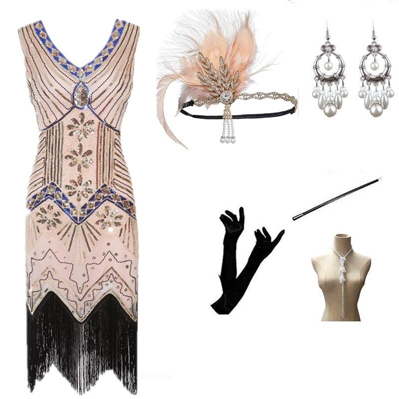 Large Size S-4XL Vintage Dress, Sequined Evening Dress Banquet 1920 Set