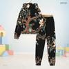 Unisex Kids Printed Black Hooded Long Sleeve Sweatshirt Cuffed Pants Two Piece Set