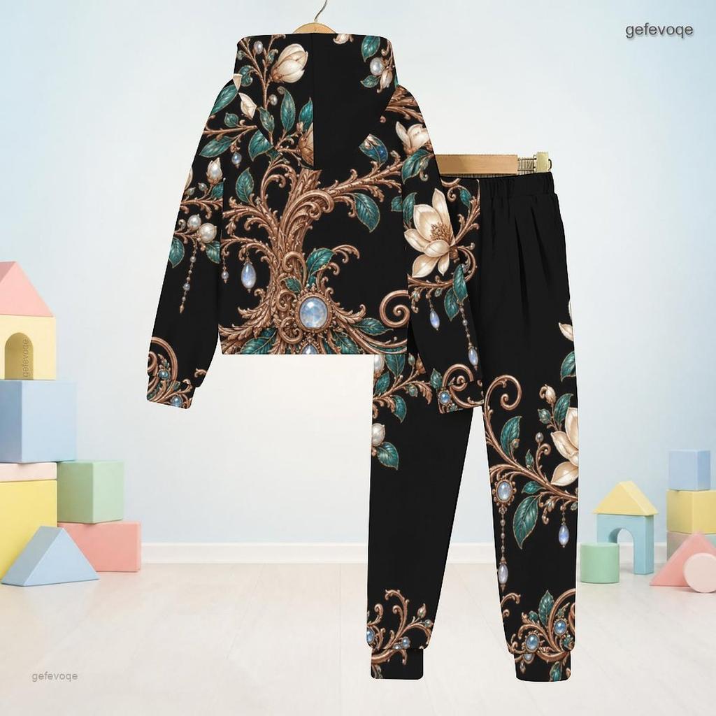 Unisex Kids Printed Black Hooded Long Sleeve Sweatshirt Cuffed Pants Two Piece Set