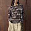 Johnature Autumn Winter Korean-style Simple Lazy Color-block Stripe Round Neck T-shirt Loose Comfortable Top For Women