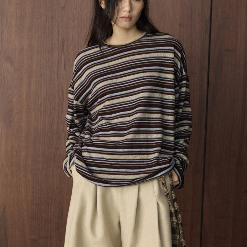 Johnature Autumn Winter Korean-style Simple Lazy Color-block Stripe Round Neck T-shirt Loose Comfortable Top For Women