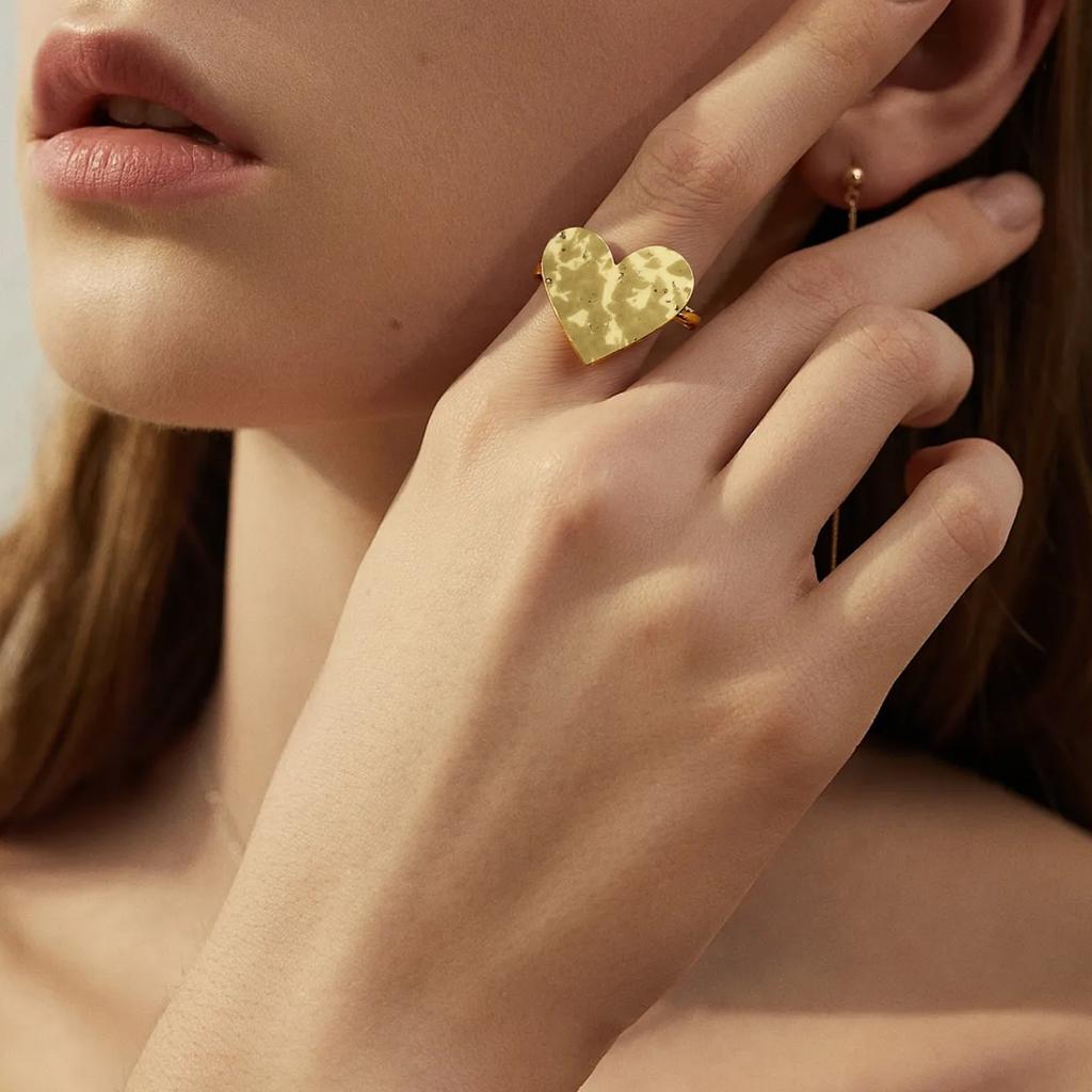 Golden Plated Hammered Heart Open Adjustable Ring for Women Elegant Statement Jewelry Gift