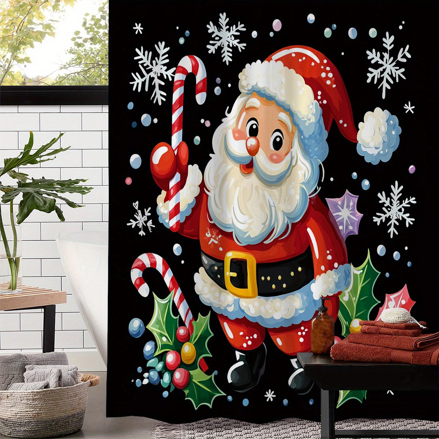 A Festive Santa Shower Curtain: Spread Holiday Cheer with This Delightful Design Featuring Jolly Santa Claus Holding a Candy W90XH180cm