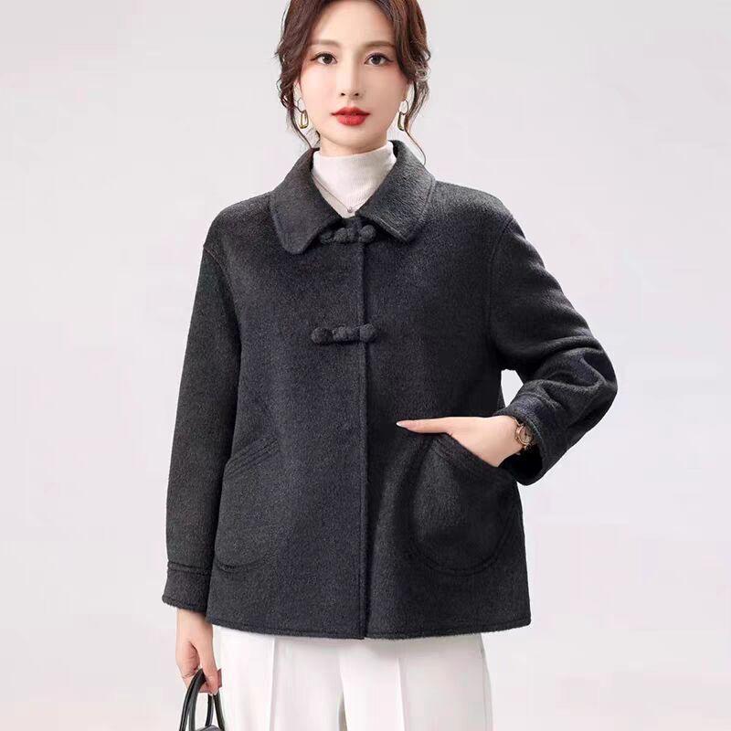 Short Double Sided Wool Coat for Women Spring Autumn Moms Middle Aged Petite Outerwear