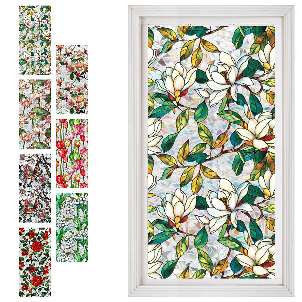 Flowers Stained Glass Window Film Removable Static Cling Stickers Floral Decorative Window Decals Window Stickers Home Decor