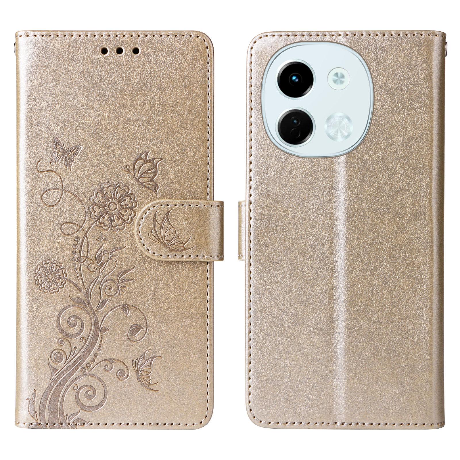 

For TECNO Spark 30 5G/Pova 6 Neo 5G Leather Case Butterfly Floral Imprint Wallet Stand Cover Gold