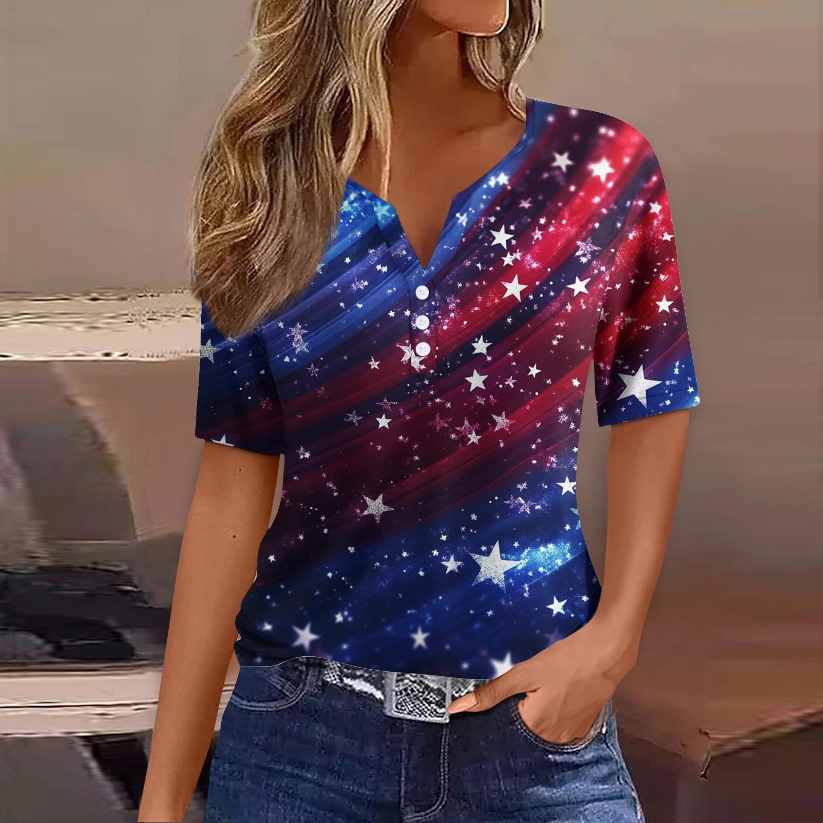

Women s Fashion Casual Independence Day Print V-neck Short Sleeve Decorated Button T-shirt Top XXL