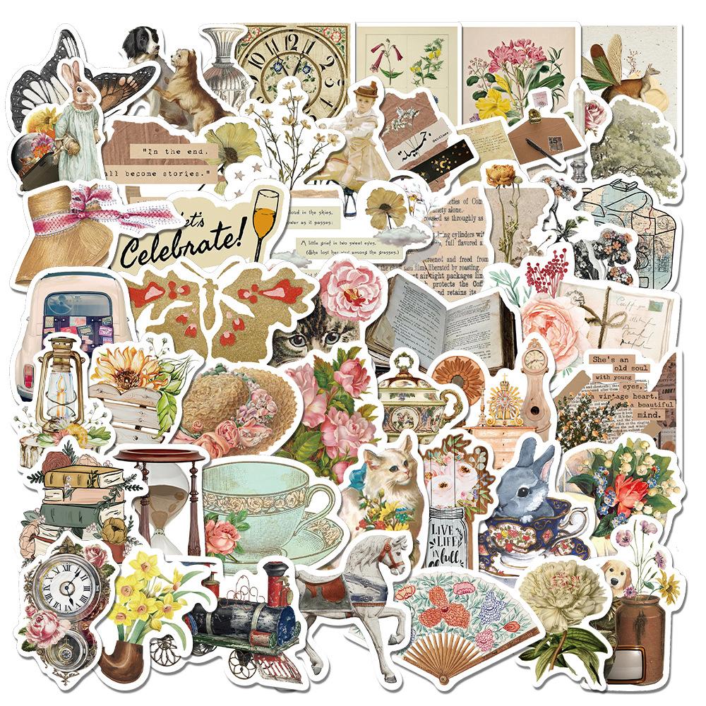 50pcs Vintage Animal Flower PVC Sticker Aesthetic Children's Stationery DIY Decoration Scrapbooking School Supplies