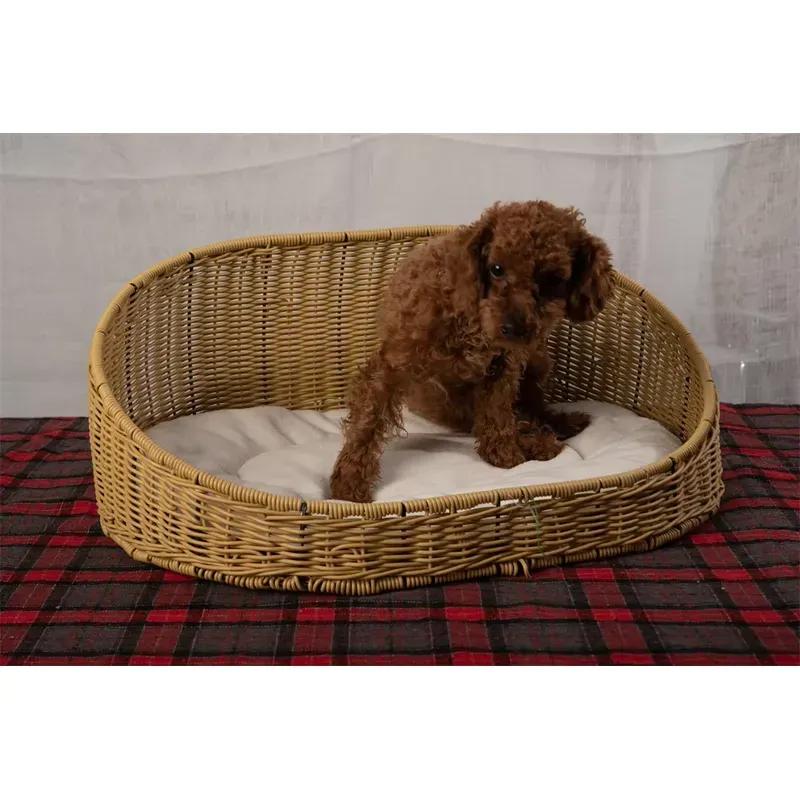 For Summer Cool Handwoven PP Plastic Rattan Resin Wicker Cat Dog Bed House Net Waterproof Cooling Oval Shape Woven Basket