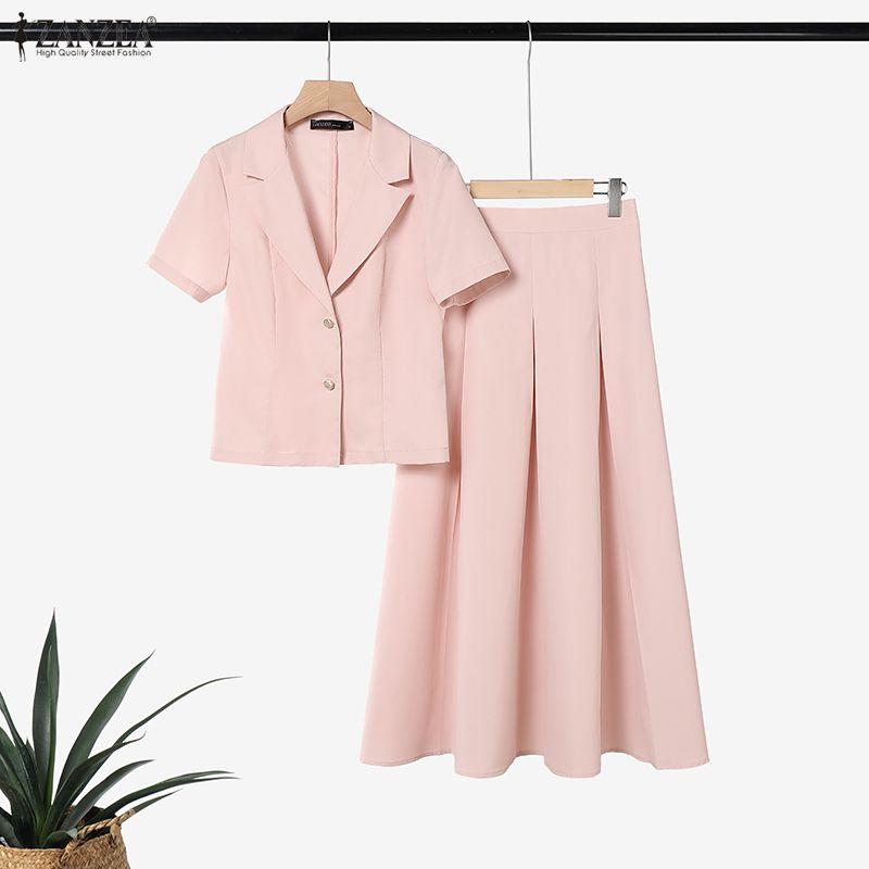 ZANZEA Blusa a Maniche Corte da Donna e Gonne Lunghe Casual Set Completi Due Pezzi