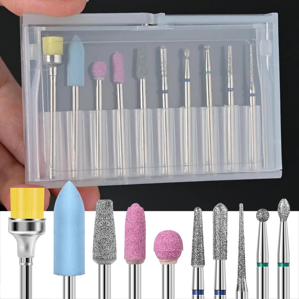 

Набор из 10 насадок для полировки ногтей Керамические и вольфрамовые шлифовальные головки Песочные пушеры для кутикулы Насадки для маникюрного аппарата Инструменты для маникюра Салонное использование