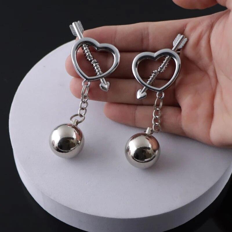 BDSM Women's Breast Clip Metal Heart-shaped Nipple Clamps With Gravity Ball Weight Pendant Breast Traction Stimulator Adult Toys