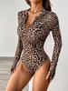 2026 European and American Women's Leopard Print Zipper Jumpsuit - Fashionable, Versatile Fingerless Top