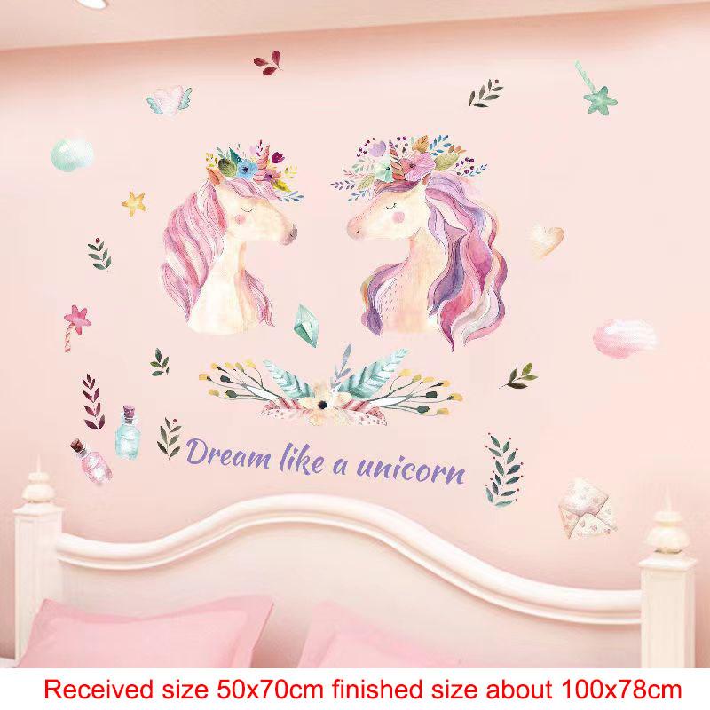 Pink Wall Sticker for Bedroom Girls, Unicorn Feather Princess Flowers Decal, Nursery Removable Wallpaper
