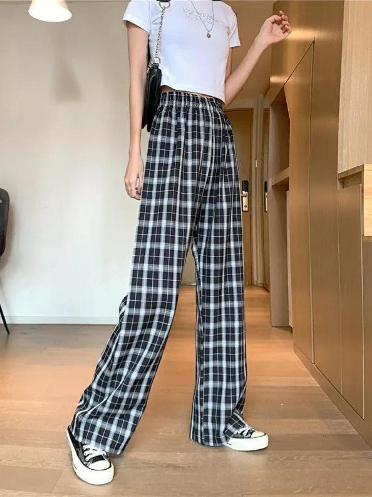 Vintage Plaid Women Pants High Waist Wide Leg Straight Pant Loose Casual Female Trousers Wide Leg Pant Fashion