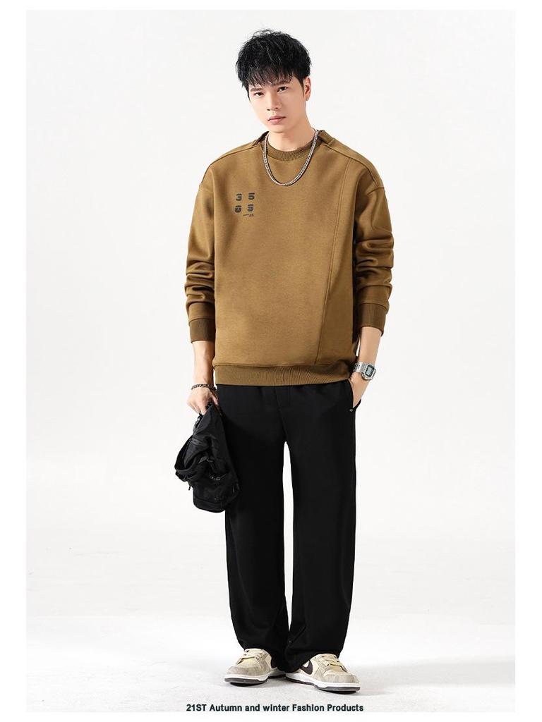 Men's Autumn Heavyweight Minimalist Double-Layer Collar Sweatshirt - Japanese Style, Spliced Round Neck, Trendy Loose Fit