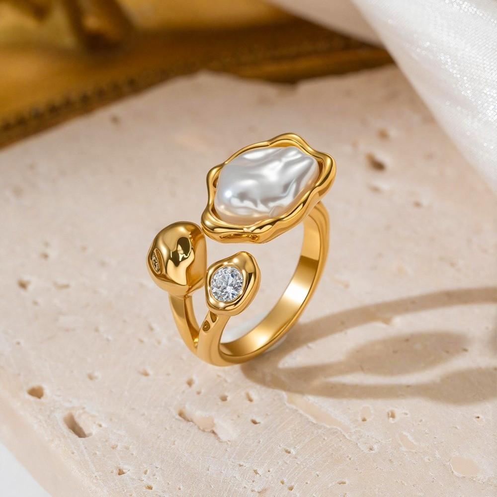 Simulated Pearls Zirconia Ring Geometry Design Alloy Platinum Finger Ring Retro Style Gold Plated Retro Jewelry Rings Daily Wear