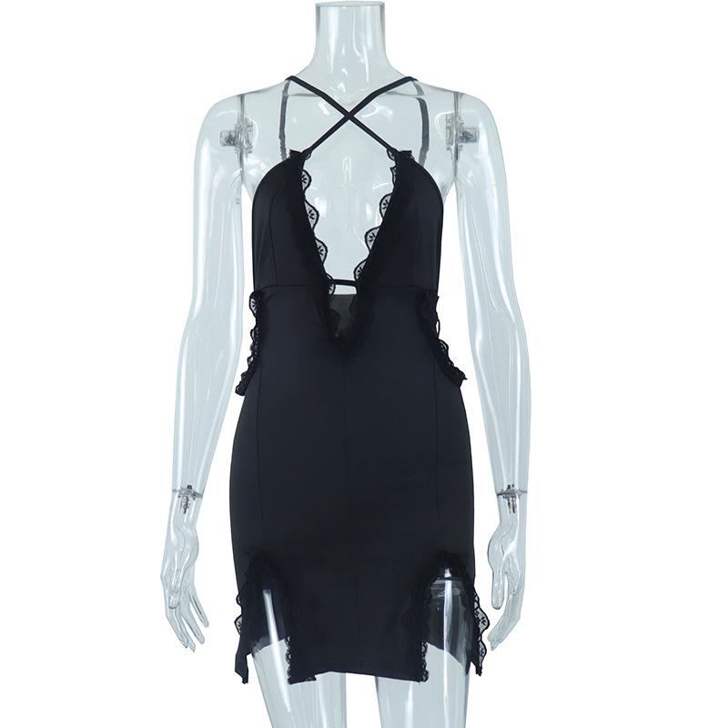 

Европейская и американская мода женские подтяжки, ажурное кружево, разрез на бедрах платье S чёрный