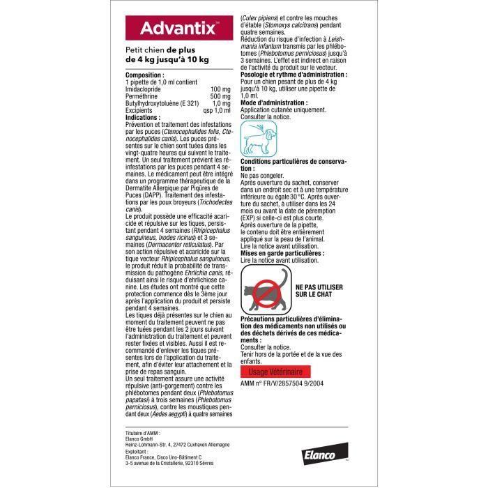 ADVANTIX Chien Solution Antiparasitaire Petite Race 4 à 10kg 4 pipettes