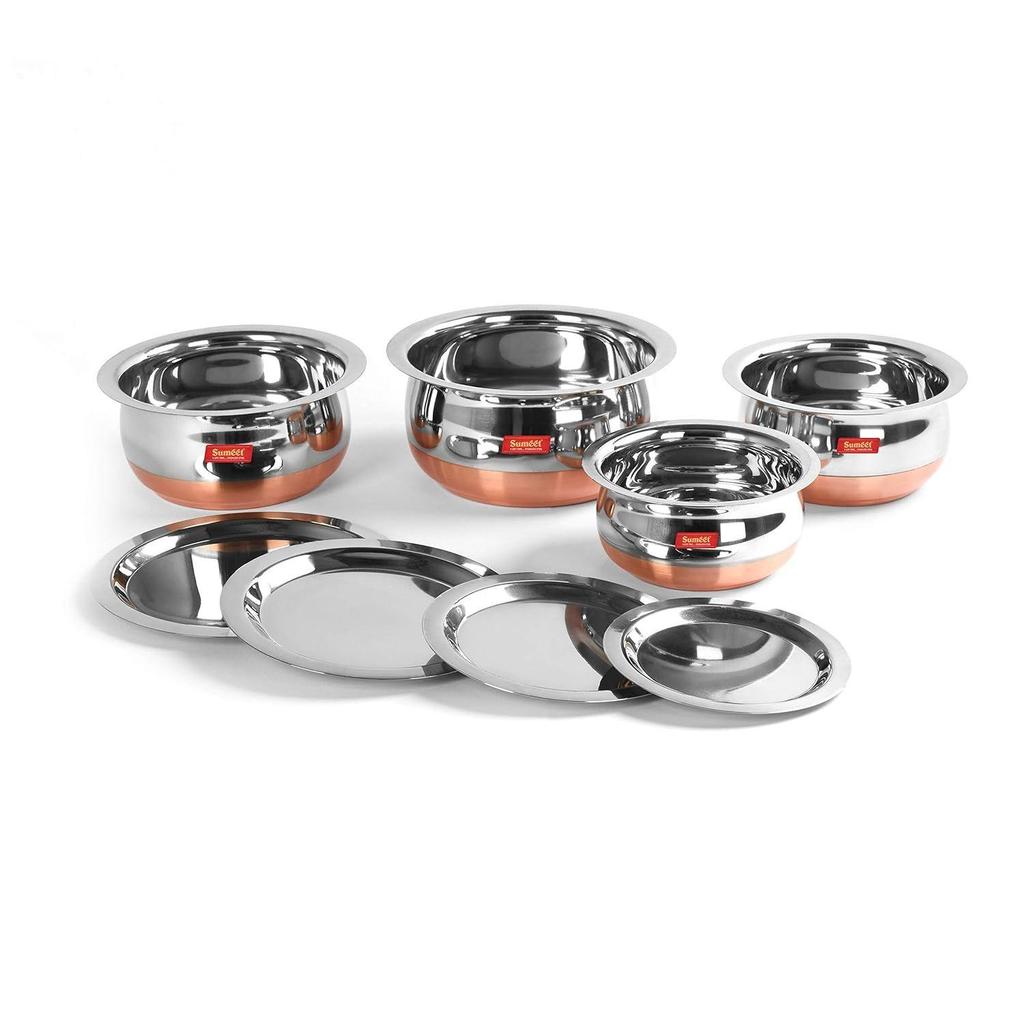 Stainless Steel Copper Bottom Belly Shape 4 Pc Tope/Cookware/Pot Set with Lid 380ML, 500ML, 780ML, 1.1Ltr, (Silver)