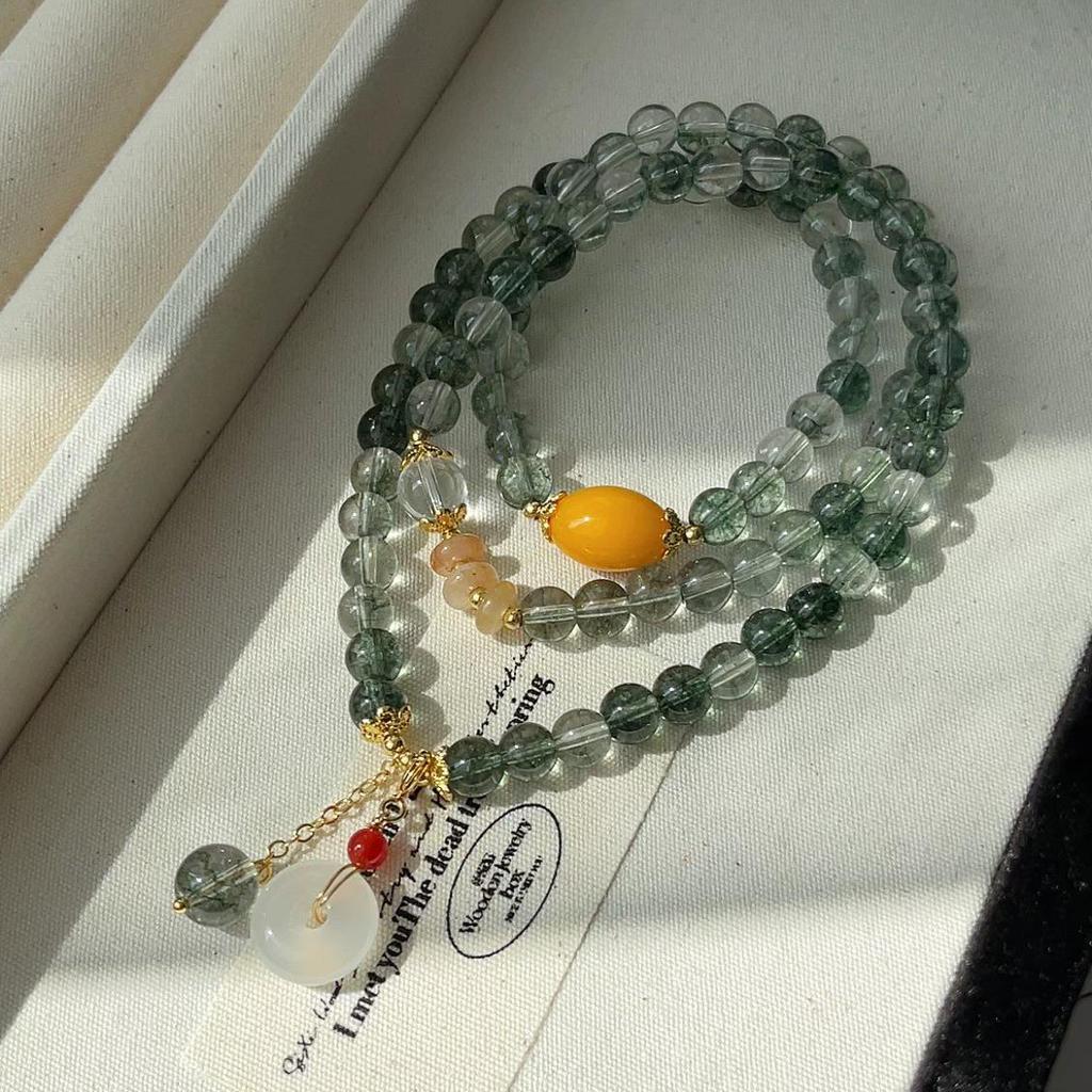 Women's Natural Green Phantom Crystal & Agate Beaded Bracelet - New Chinese Style