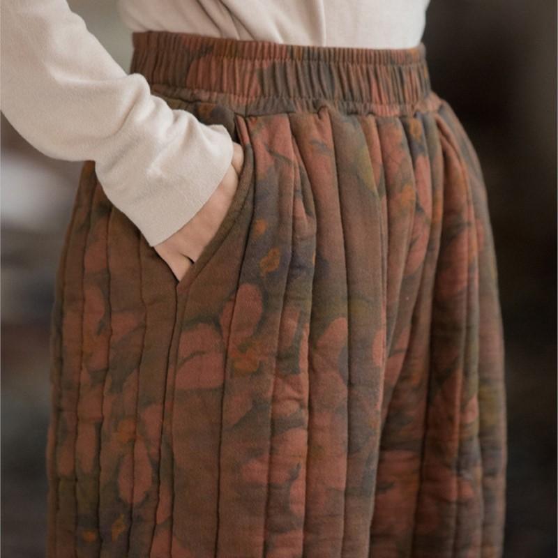 Johnature Women Vintage Print Floral Straight Pants Elastic Waist Trousers Winter Warm Plus Cotton Long Pants