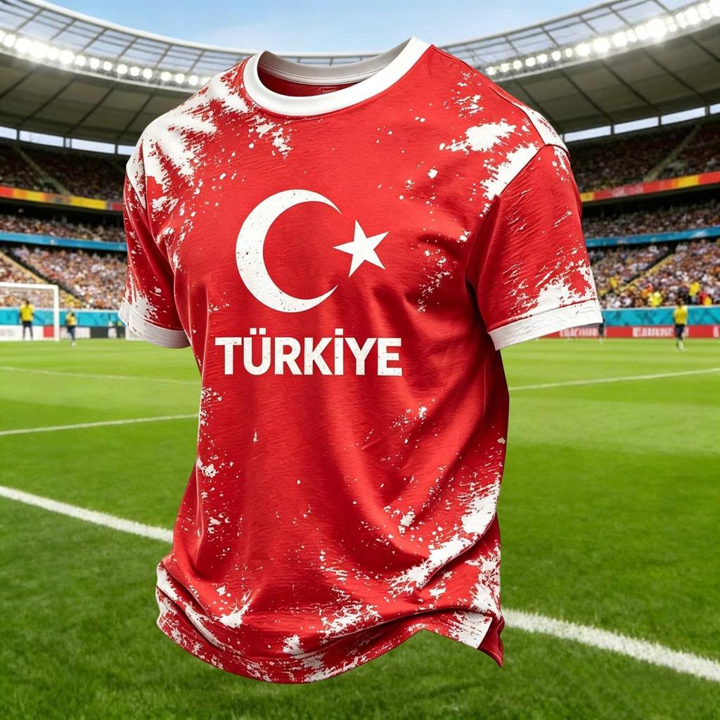 Men's Casual Crew Neck Short Sleeve Pullover T-Shirt Football Fan Top Turkey National Team Inspired Design Comfortable Fit