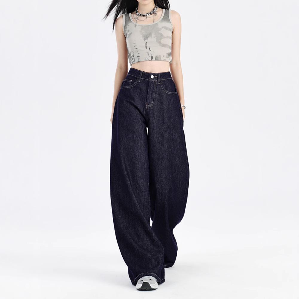 Women's High Waist Wide Leg Jeans Straight Leg Slight Stretch Dark Blue Denim Trousers Casual Spring Floor Length Pants