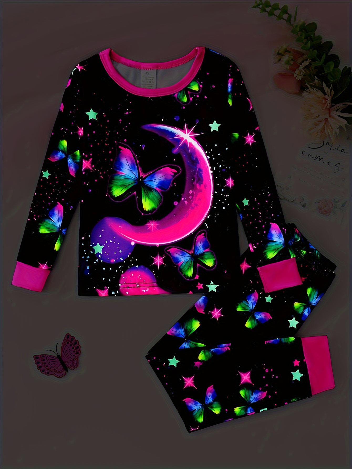 

Girls Long Sleeve Soft Pajama Set, Shining Moon Star Butterfly Elastic Waist Sleepwear Comfy Loungewear for Kids 7Y