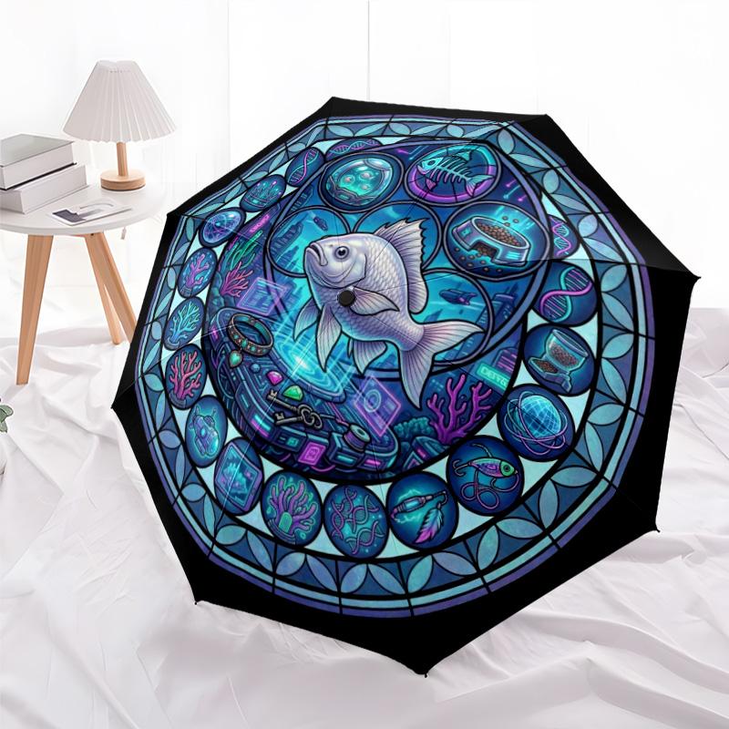 Futuristic Fish Mandala Pattern Umbrella, Portable and Foldable Design, 8 Ribs, a Casual Accessory for Halloween, Christmas, and Birthday Gifts.