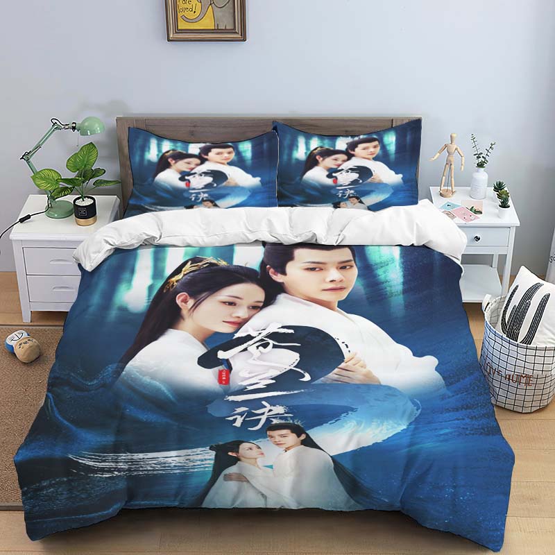 Ancient Chinese fantasy couple print bedding set, three-piece set, duvet cover and pillowcase set, dormitory single and double b
