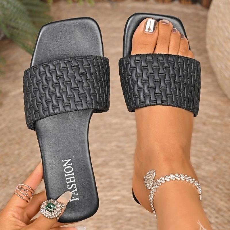 Women Slippers Summer Fashion Beach Mules Casual Indoor Home Slippers Selling Sexy Braided Square Toe Flat Sandals Slides Women
