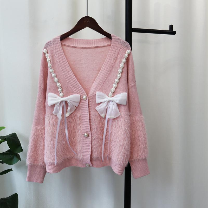 Autumn and winter new loose splicing imitation mink velvet knitted cardigan sweet bow soft waxy sweater jacket women