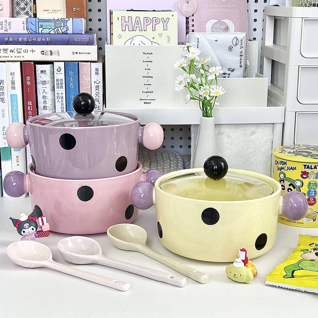 Give Girls Birthday Gifts, Cute Contrasting Colors, Polka Dots, Ceramic Instant Noodles Bowl with Lid, Girlfriend Practical Souvenir Gift Box.