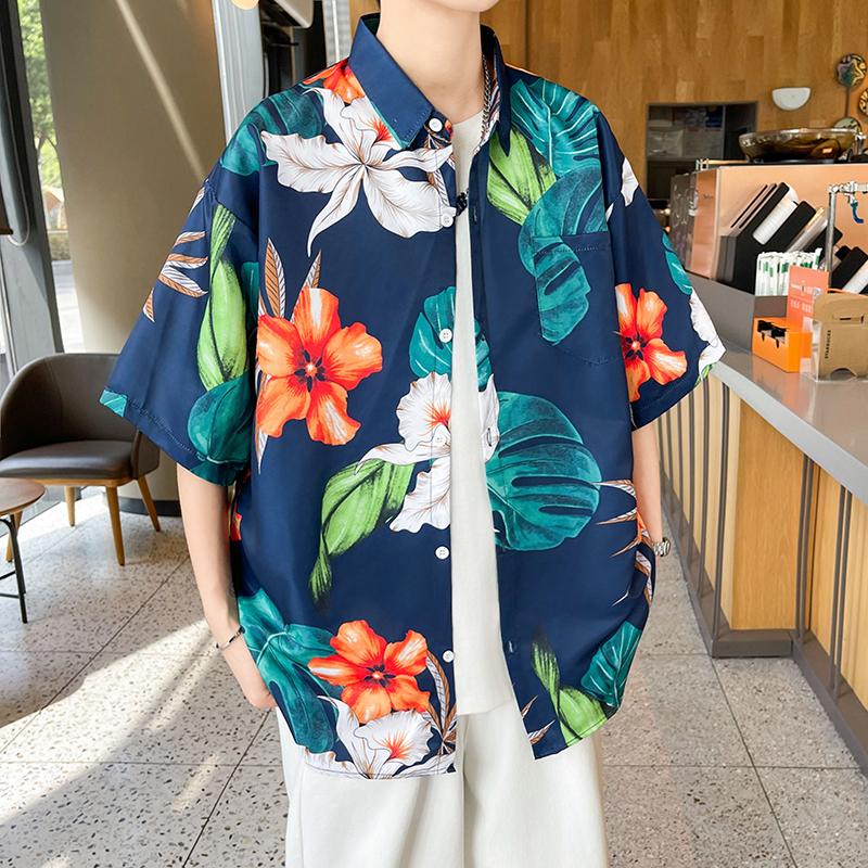 

Рубашки с цветочным принтом в стиле ретро. Уличная одежда в стиле хип-хоп. Рубашка с коротким рукавом. Мужские повседневные рубашки больших размеров для мужчин. Летние сине-белые топы. Гавайская одежда унисекс.