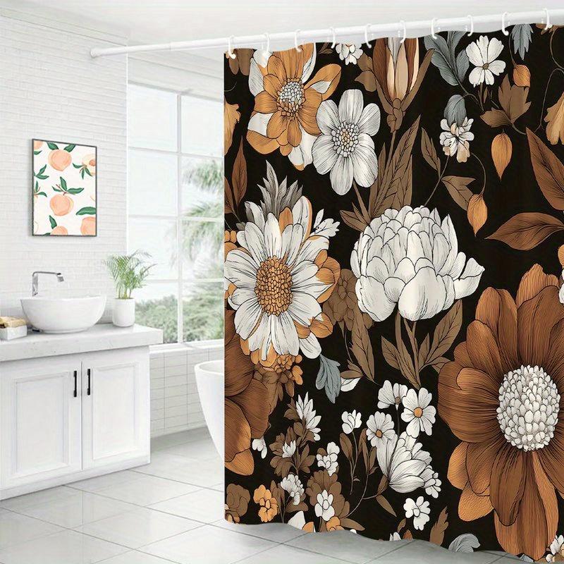 1pc Retro floral pattern shower curtain, made of polyester, machine washable, with hooks, suitable for bathroom decoration.
