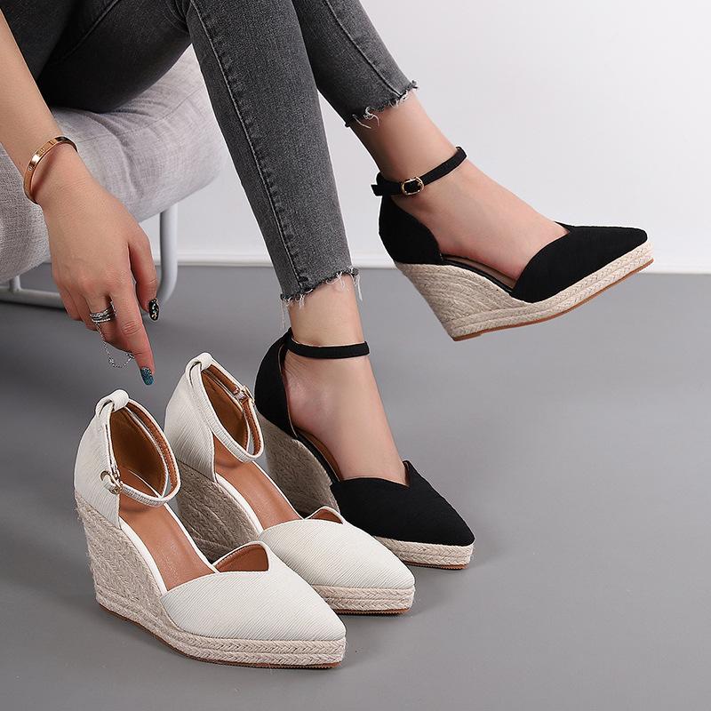 Fashion Wedges High Heel Platform Sandals Women Point Toe Hemp Heels Ankle Strap Sandals Ladies Summer Chaussures Femme Sandalias Mujer