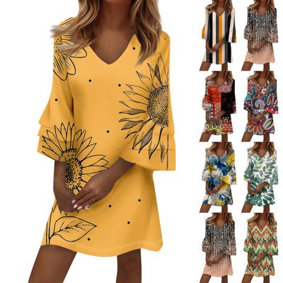 Women's Fashion Temperament Elegant Fresh Printed V-Neck 3/4 Sleeves Dress