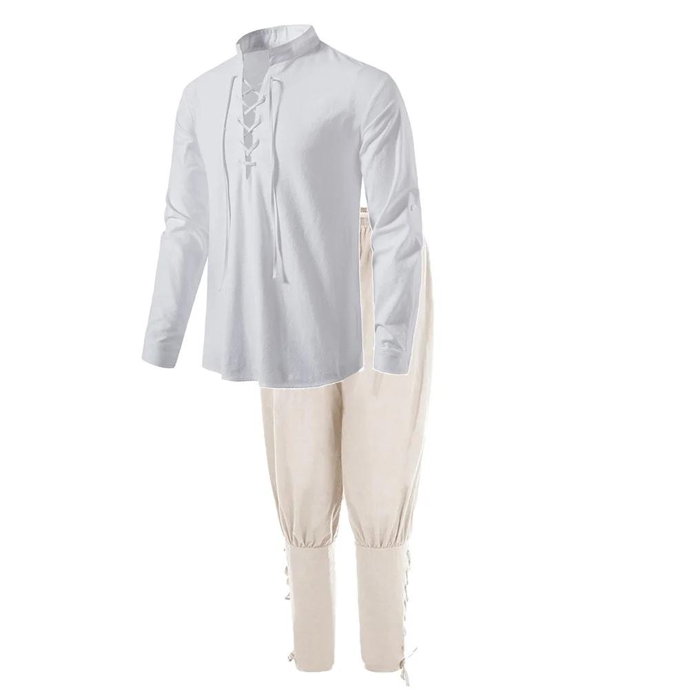 2 pezzi Set costume da cavaliere medievale da uomo Rinascimento Cosplay Pirata Camicie con cavigliera Pantaloni per Halloween Cotone Lino