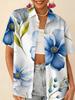 Gentle blue floral printed shirt for women, short-sleeve loose lapel design, niche vacation style top