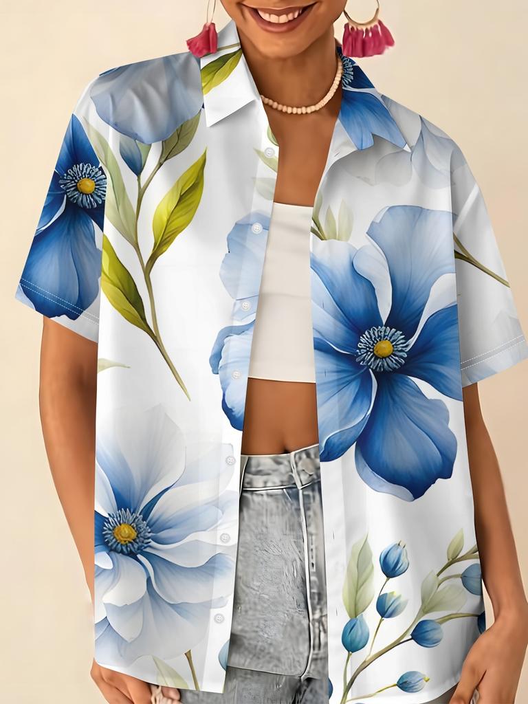 Gentle blue floral printed shirt for women, short-sleeve loose lapel design, niche vacation style top