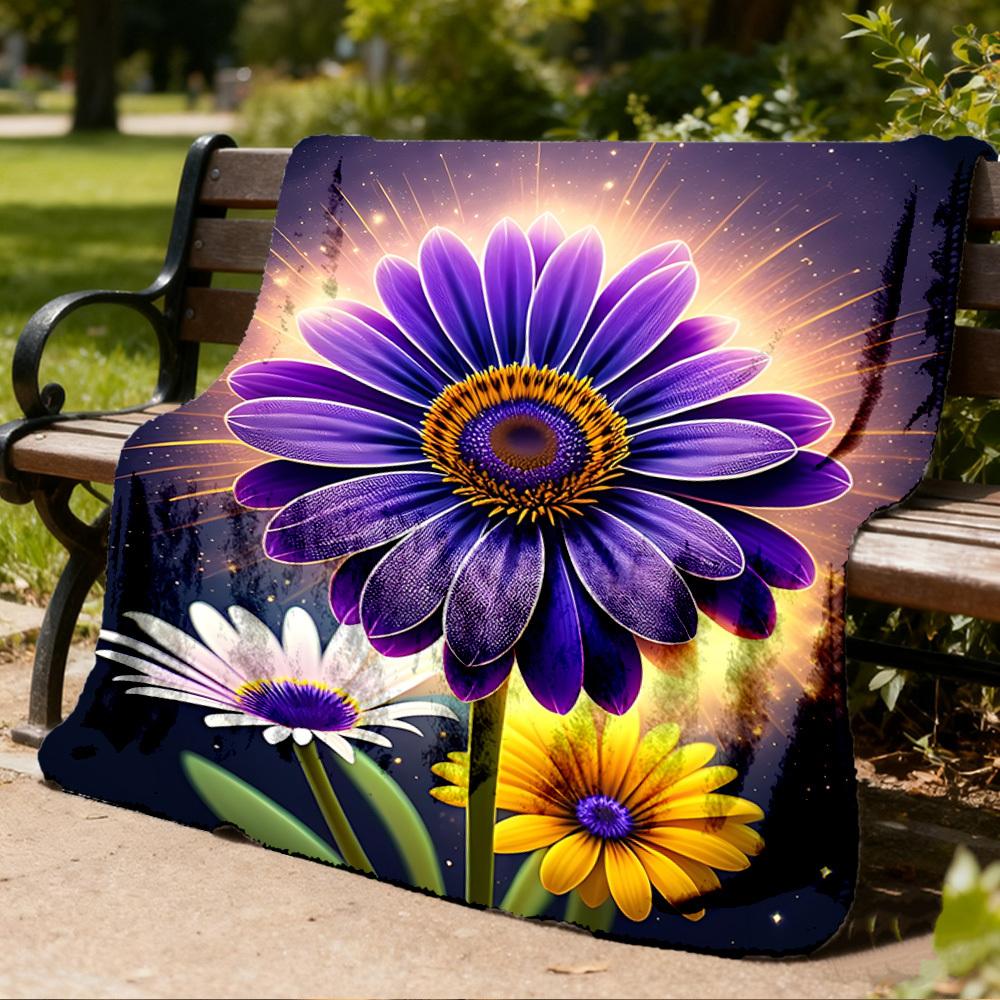 1pc Purple Daisy Outdoor Flannel Blanket Soft All Season Polyester Throw , Perfect for Picnics & Travel , Picnic Accessory