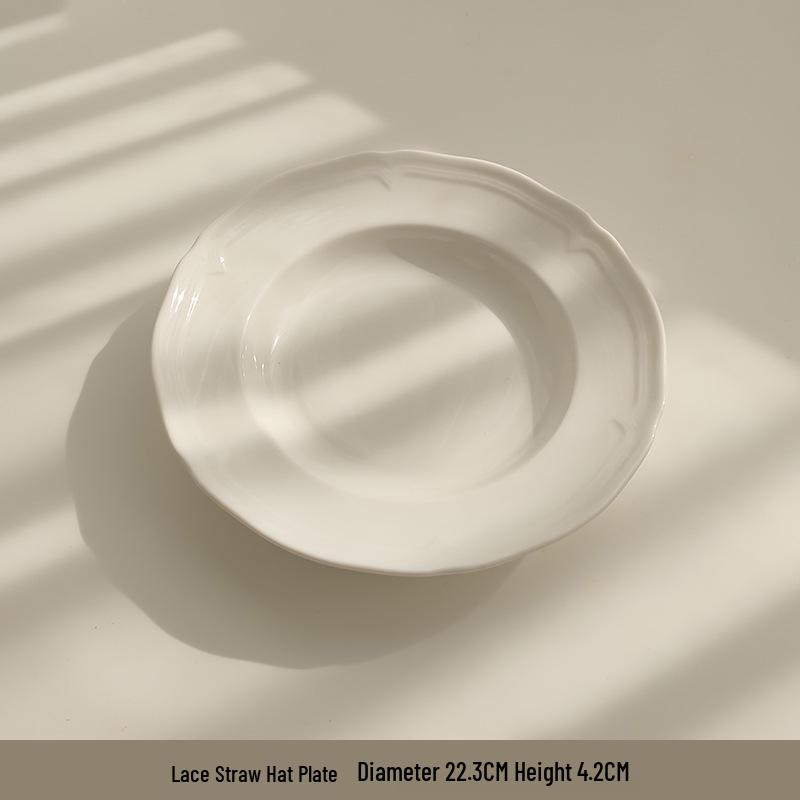 Tai Life French Retro White Embossed Ceramic Lace Plate for Breakfast & Dessert