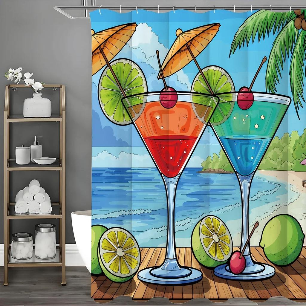 ~O~Cocktail Ocean Beach Shower Curtain, Bathroom Decorative Shower Curtain, Waterproof Shower Curtain with Hooks