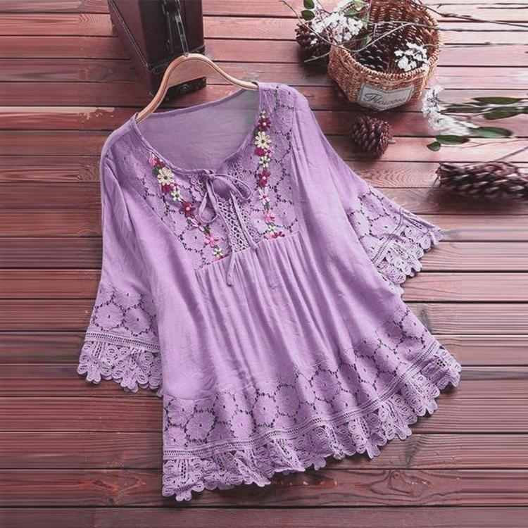 Women Plus Size Loose Shirt Half Sleeve Lace Flower Embroidery