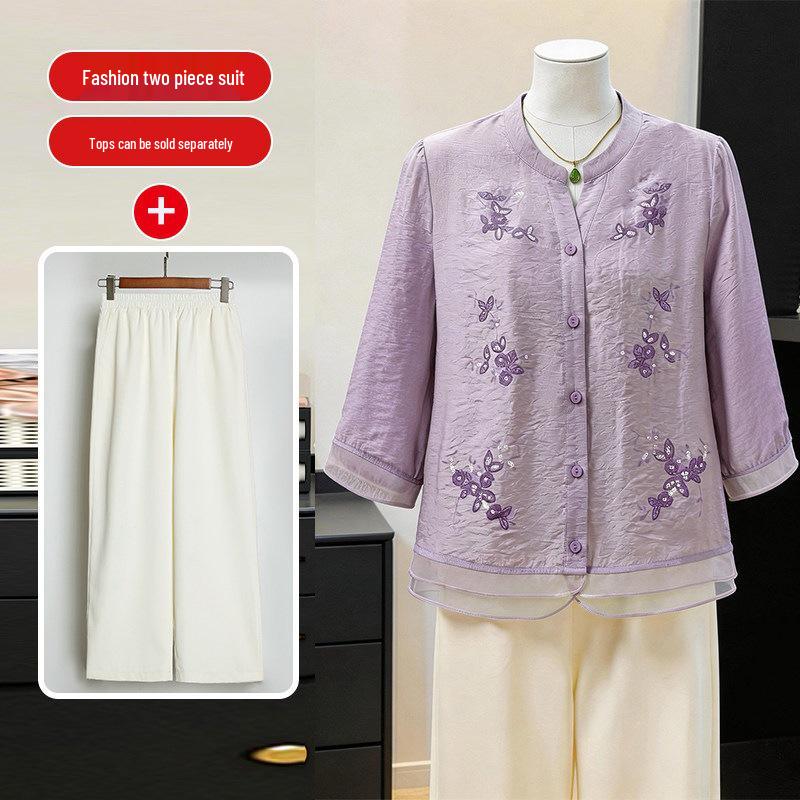 Elegant Summer Cotton-Linen Suit: Short-Sleeved Top for Women in Their Fifties, Chinese Style