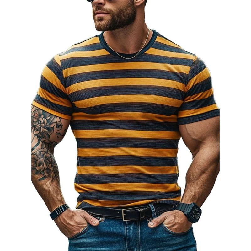 Summer Round Neck Retro Stripe Graphic 3D Print Top Fashionable Casual Short Sleeved Men's T-shirts
