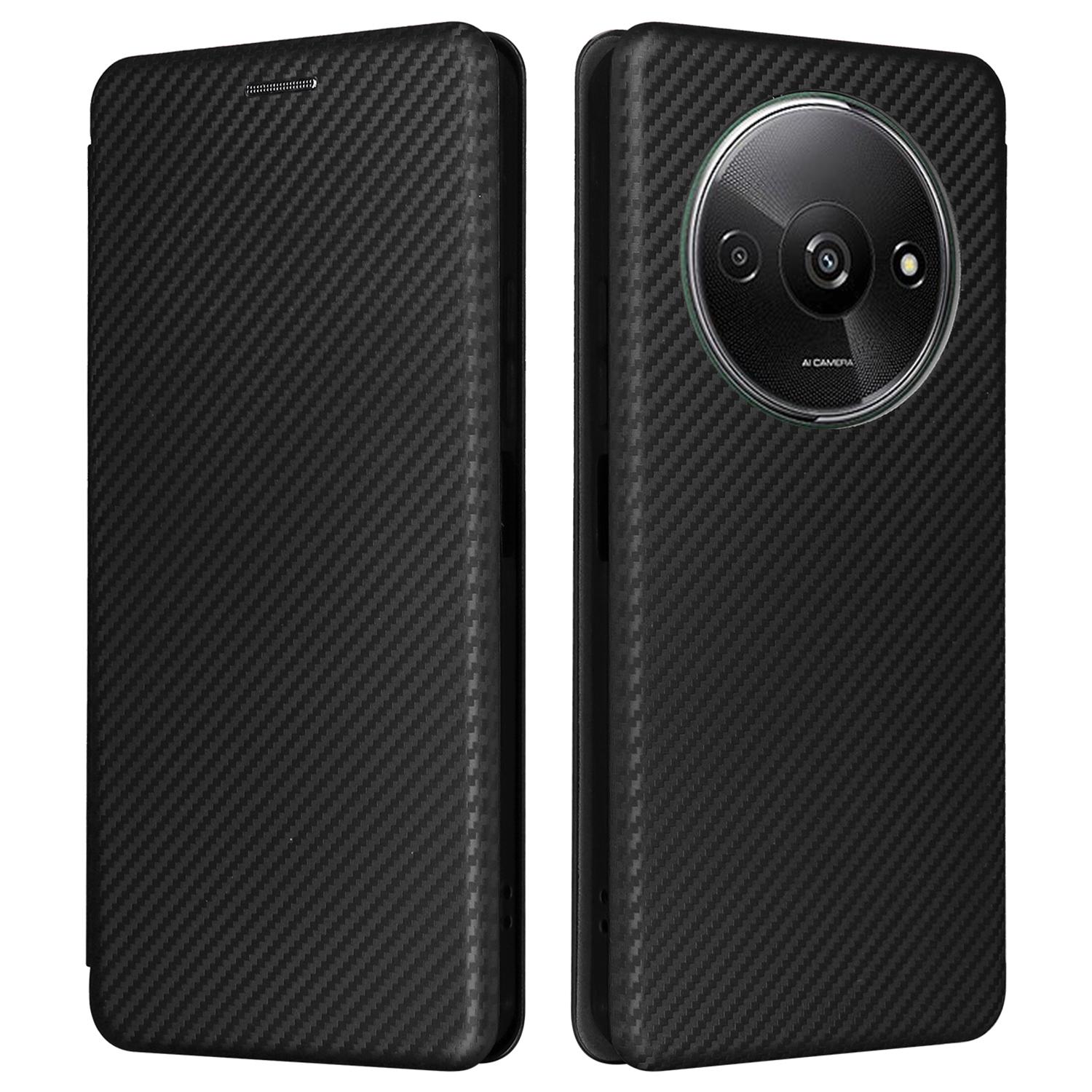 

Для Xiaomi Redmi A3/Poco C61 4G Защитный чехол Кожа Текстура углеродного волокна Магнитная крышка для телефона Black